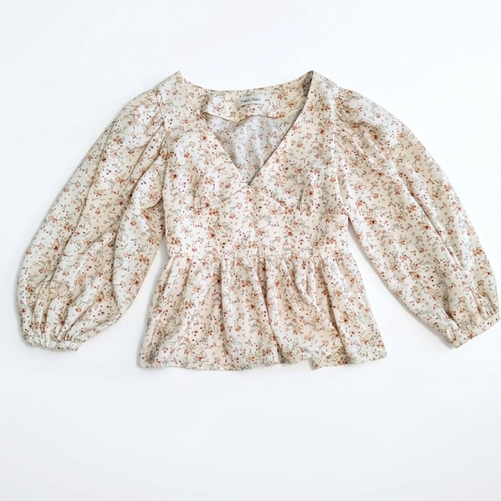FREE'S MART Floral Peplum Blouse Puff Sleeves Smocked Back M Fits Like S Fall